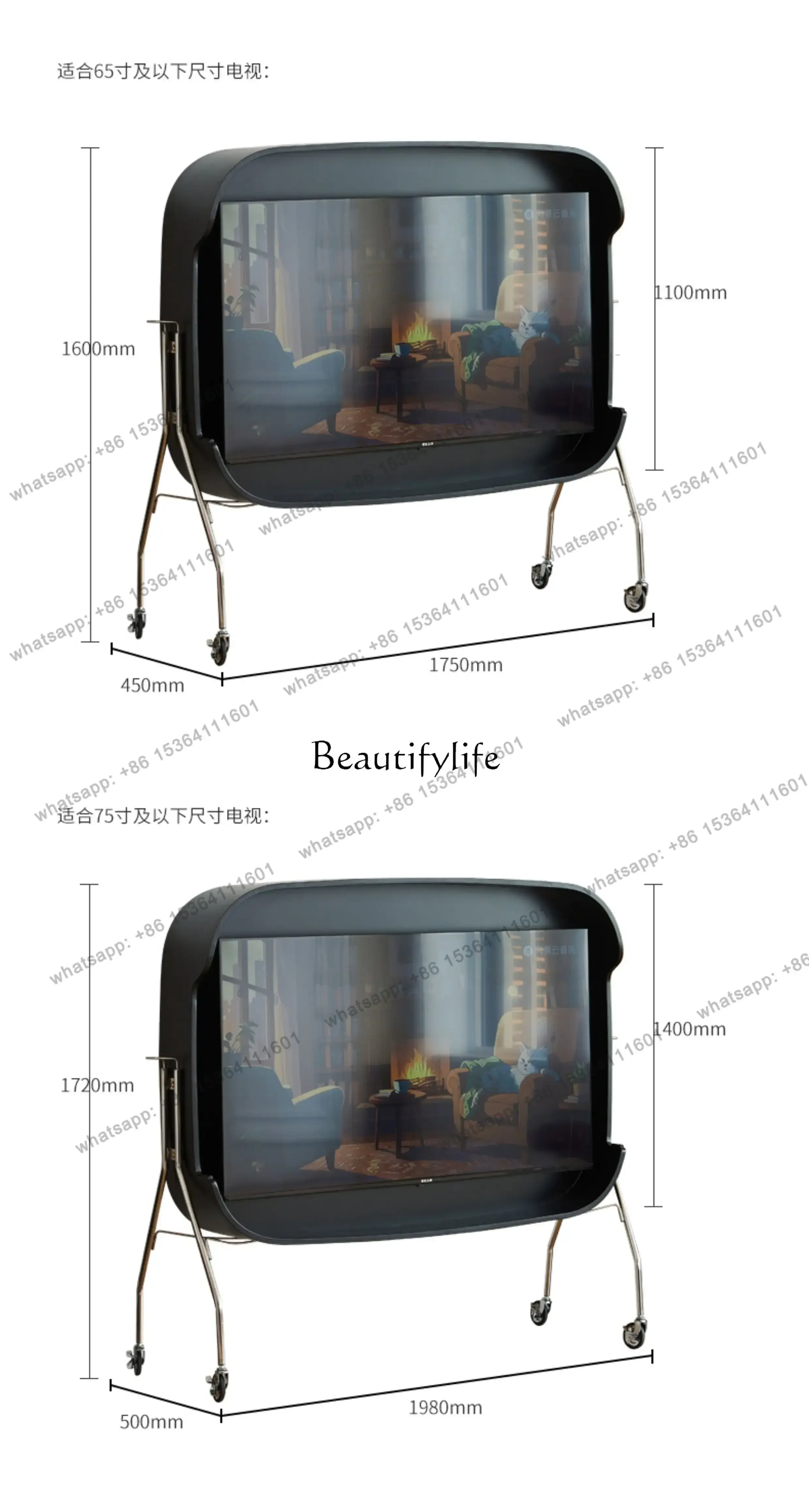 jj4 Black retro solid wood removable TV cabinet simple premium TV floor bracket bedroom living room