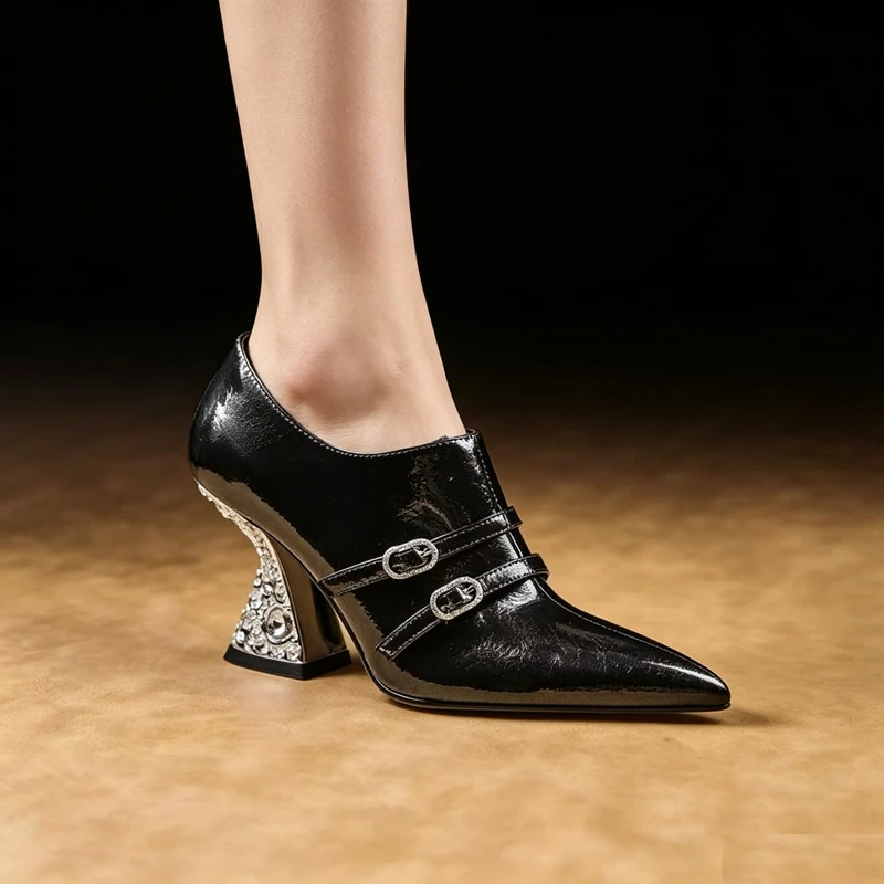 Women's new spring and autumn leather belt buckle rhinestone high heels pointed high-end temperament fashion shoes high top shoe