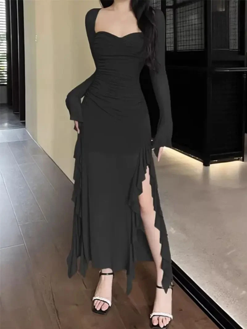 イレギュラーラッフルエッジメッシュスクエアネックドレスハイウエストスリット気質ヒップハグロングスカートブラックベスティドスデムヘール