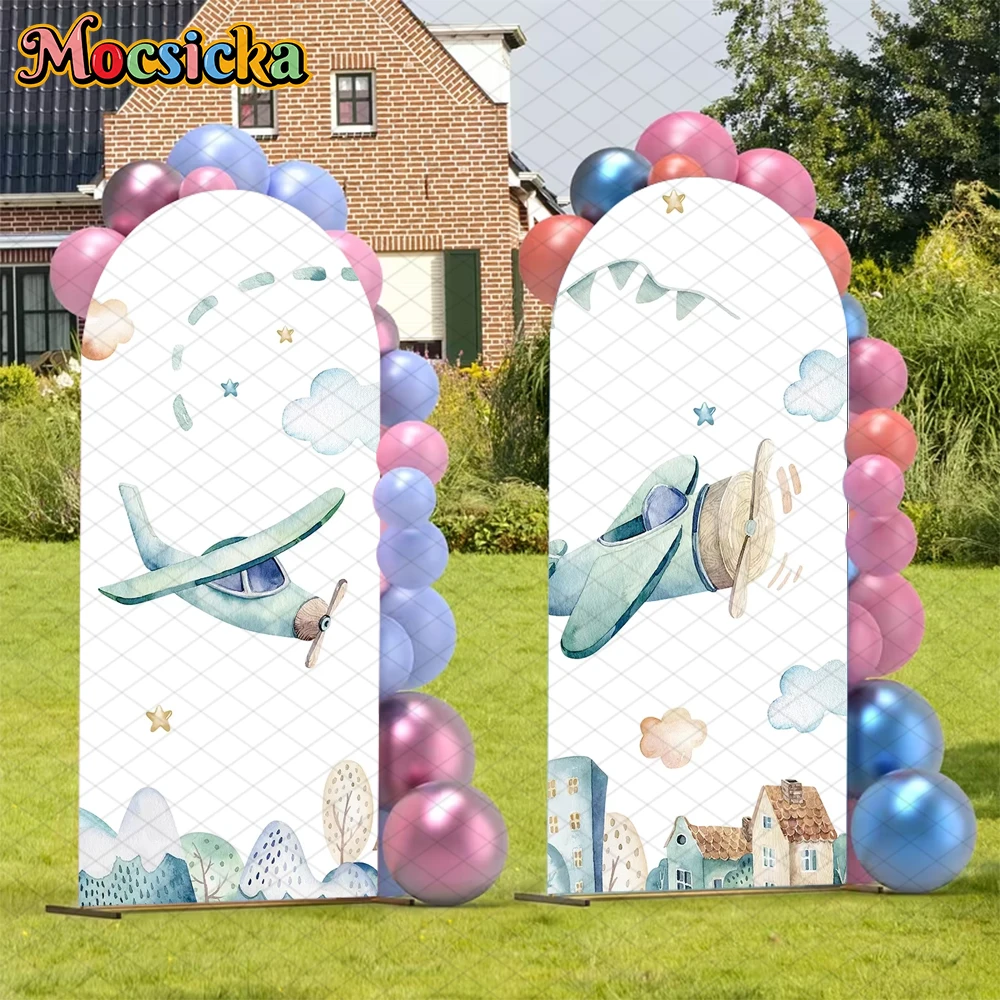 Mocsicka Baby Shower Boy Birthday Arch Backdrop Cover Elastic Double-Faced Arched Background Aircraft Party Decoration Photocall