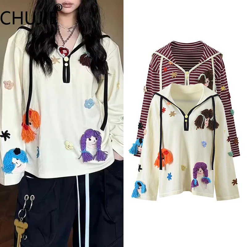 

CHUJIE Fall 2025 Sweet Navy Collar Knit Top, Long Sleeve Loose Fit Casual T-Shirt, Happy Feminine Style