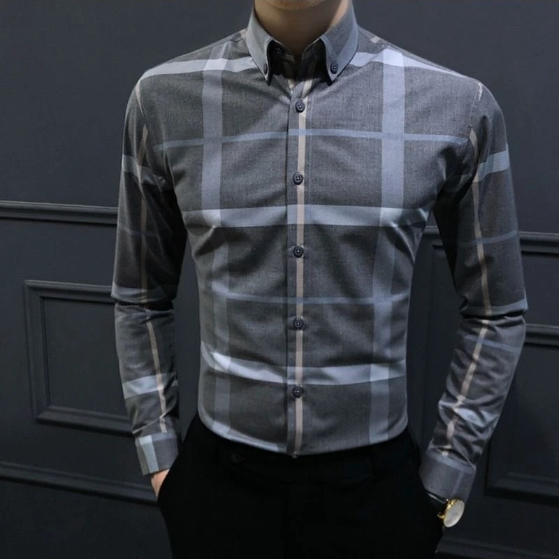 Men's Plaid Shirt 2026 Autumn British Style Casual Slim Fit Long Sleeve Korean Trendy Stylish