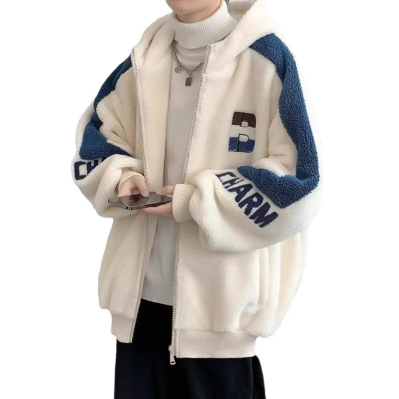 

Teenage Lamb Fur Jaet Men's Winter Thiened Hooded Faionable Warm Cotton Clothes Polyester Fiber Filled Long Zipper Coat