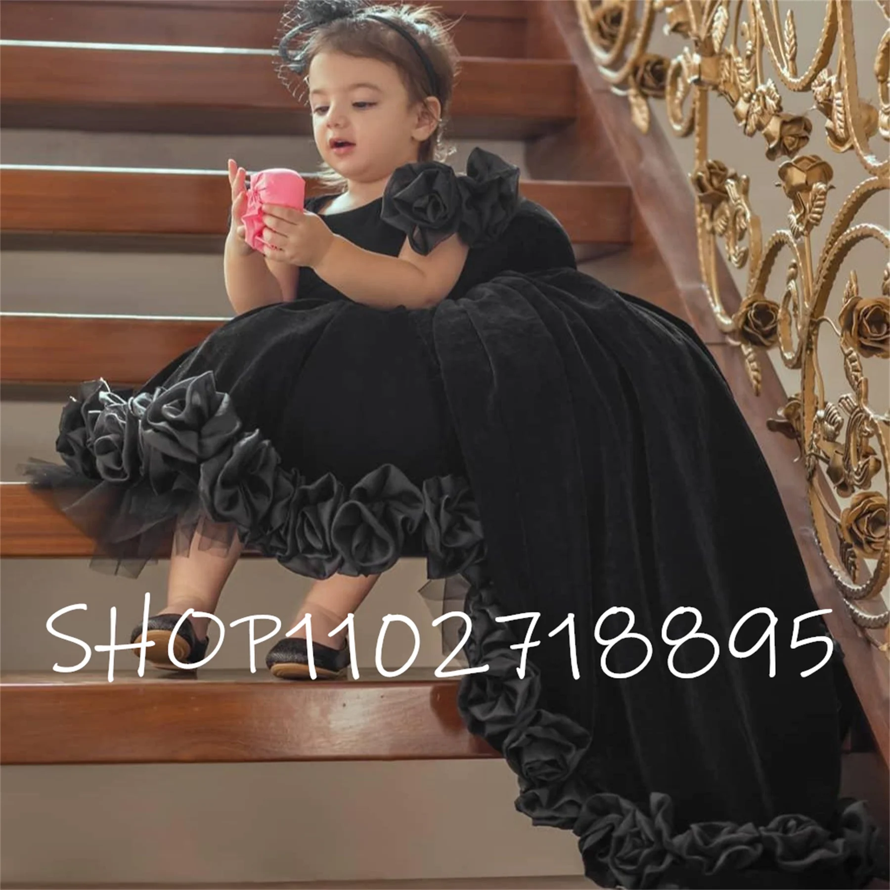 

New Flower Girl Dress Glitter Tulle Appliques Children Wedding Party Gown First Communion Dress