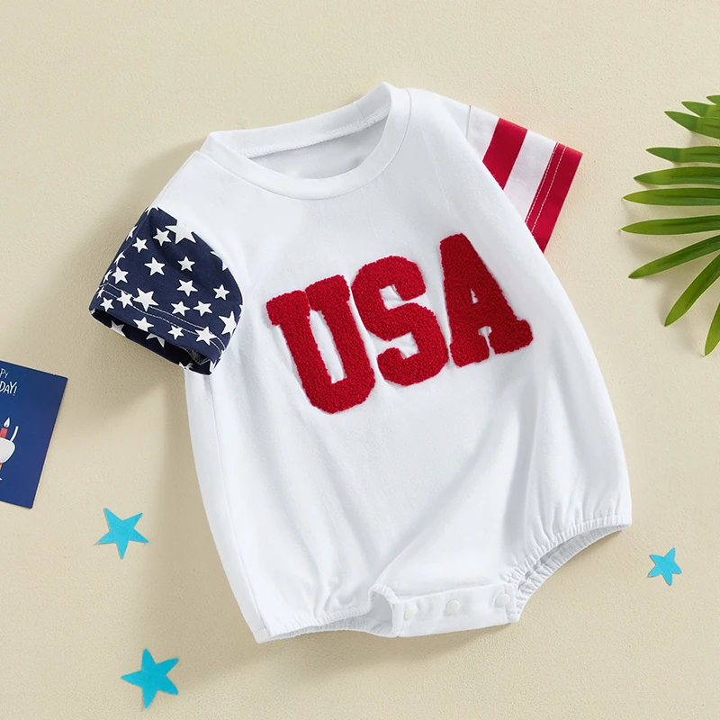 Bayi laki-laki perempuan 4th Juli baju monyet lengan pendek Crewneck bendera Amerika cetak Hari Kemerdekaan Jumpsuit bordir bintang dan