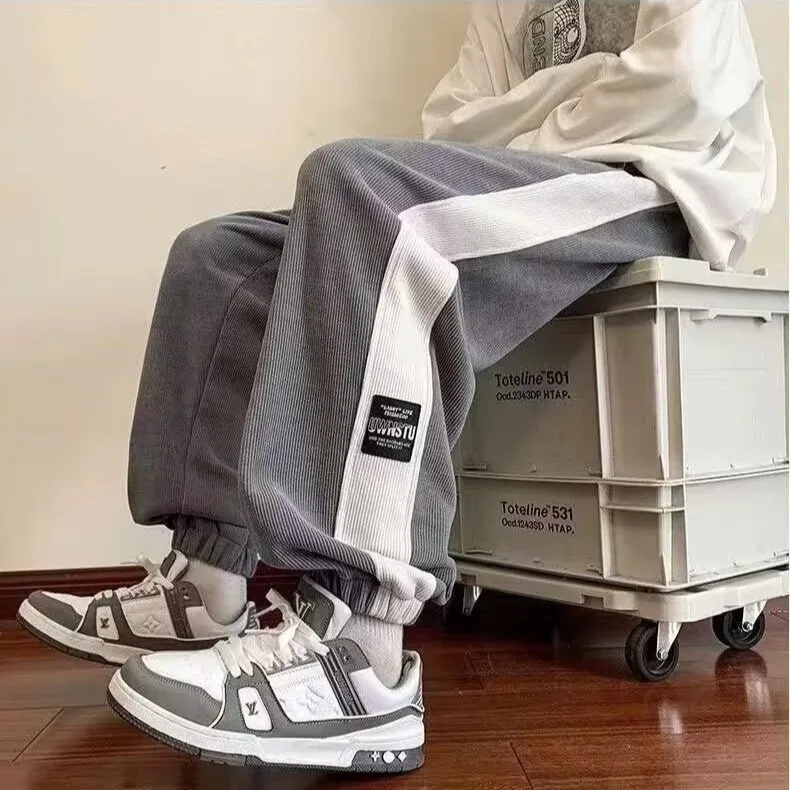 미국 트렌드 컬러 블록 코듀로이 남성용 가을 겨울 두꺼운 캐주얼 스웨트팬츠 루즈핏 엘라스틱 웨이스트 패션 브랜드