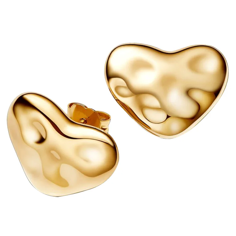 Authentieke 925 Sterling Zilveren Gouden Glans Hartvormige Cirkel Draad V-Vormige Open Stud Oorbel Voor Vrouwen Verjaardagscadeau Sieraden