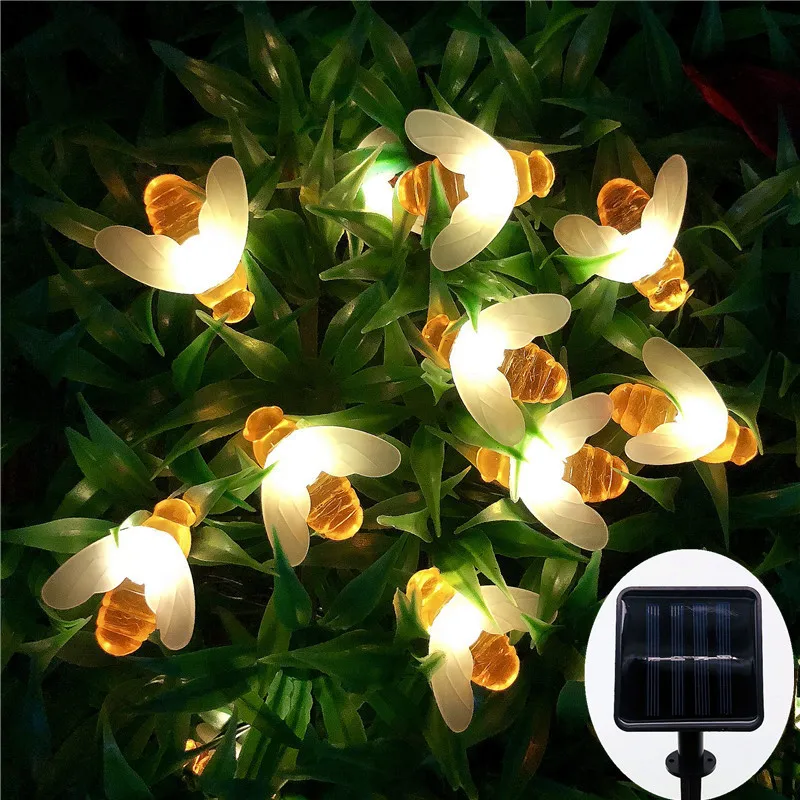 Guirnalda de luces alimentada por energía Solar, 20Led, abeja de miel linda, luz de hadas, valla de jardín al aire libre, Patio, fiesta de navidad