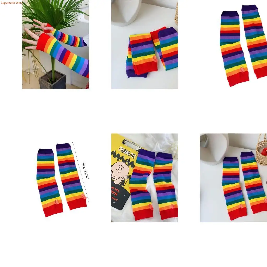 

Q5WE для женщин и девочек вязаные до локтя длинные грелки в радужную полоску лоскутные перчатки без пальцев с отверстием для