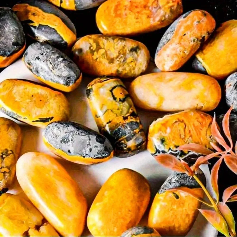 Polished Bumblebee Jasper Pocket Stone - Natural Elliptical Palm Worry Stone, Bright Yellow Orpiment Mineral Specimen