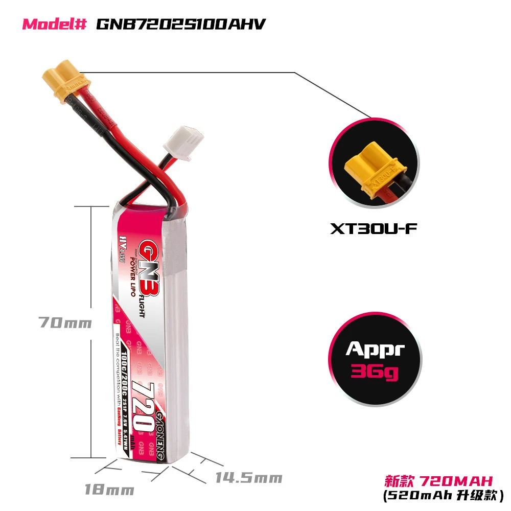 GAONENG GNB 2S 7,6V 550mAh 720mAh 100C/200C HV Lipo-Akku mit XT30-Stecker für Tinyhawk FPV Drohne Hubschrauber Flugzeugteile – Detail 9