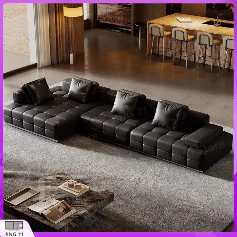 Leather Coffee Table Set with Matching Chairs Modern Minimalist Living Room Furniture Italian Style Cowhide Corner Sofa