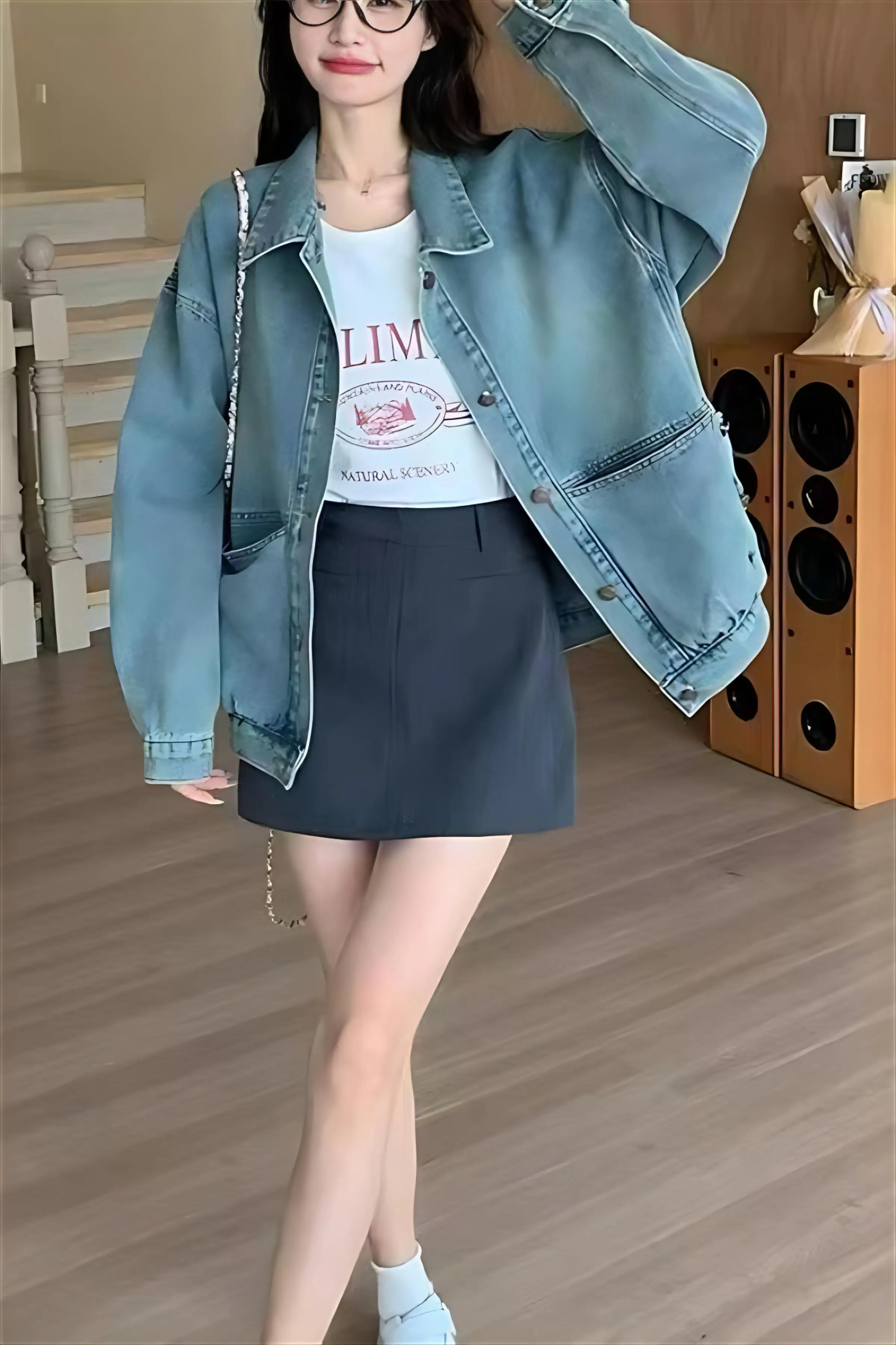 

Denim Coat Girls Womens Fall Graffiti Suede Patchwork Utility Checked Open-Front Oversized Pleated Elastic Chic Relaxed Jackets