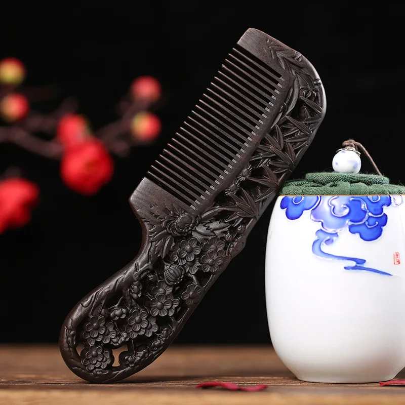 Ebony Handle Double-sided Carved Comb Fine Teeth Whole Wood Antique Gift Massage Hair Comb