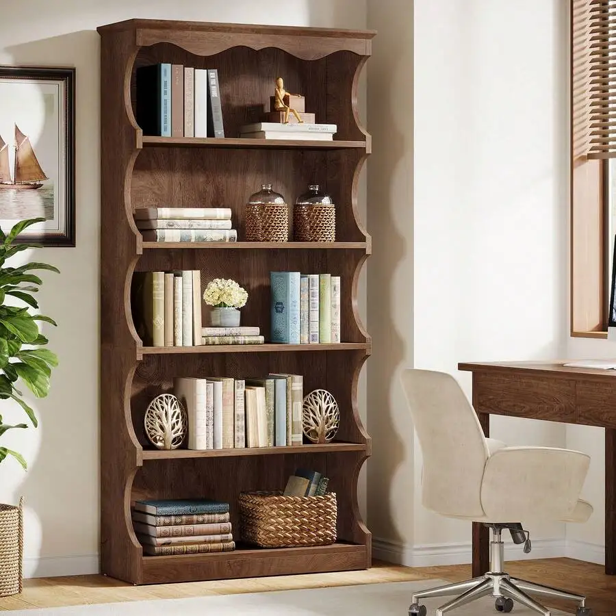 LITTLE TREE 70 Inch Tall Bookcase – 5-Tier Open Bookshelf With Curved Edge Design, Wood Vintage Large Book Case, Free-Standing Display Shelves With Storage For Living Room, Home Office