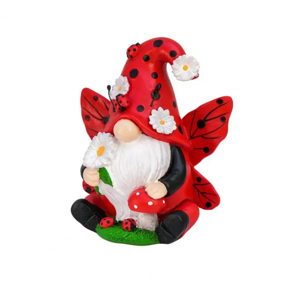 Dekstop Gnome Decor Whimsical Ladybug Gnome Figurine with Flower Wings Charming Dwarf Elf Resin Statue for Indoor Outdoor Garden