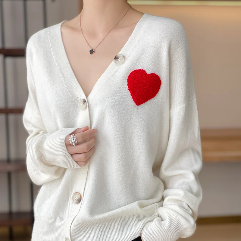 Feminino puro cashmere bordado vermelho coração camisola profundo decote em v cardigan feminino malha solta-fitting branco preto camisolas de café