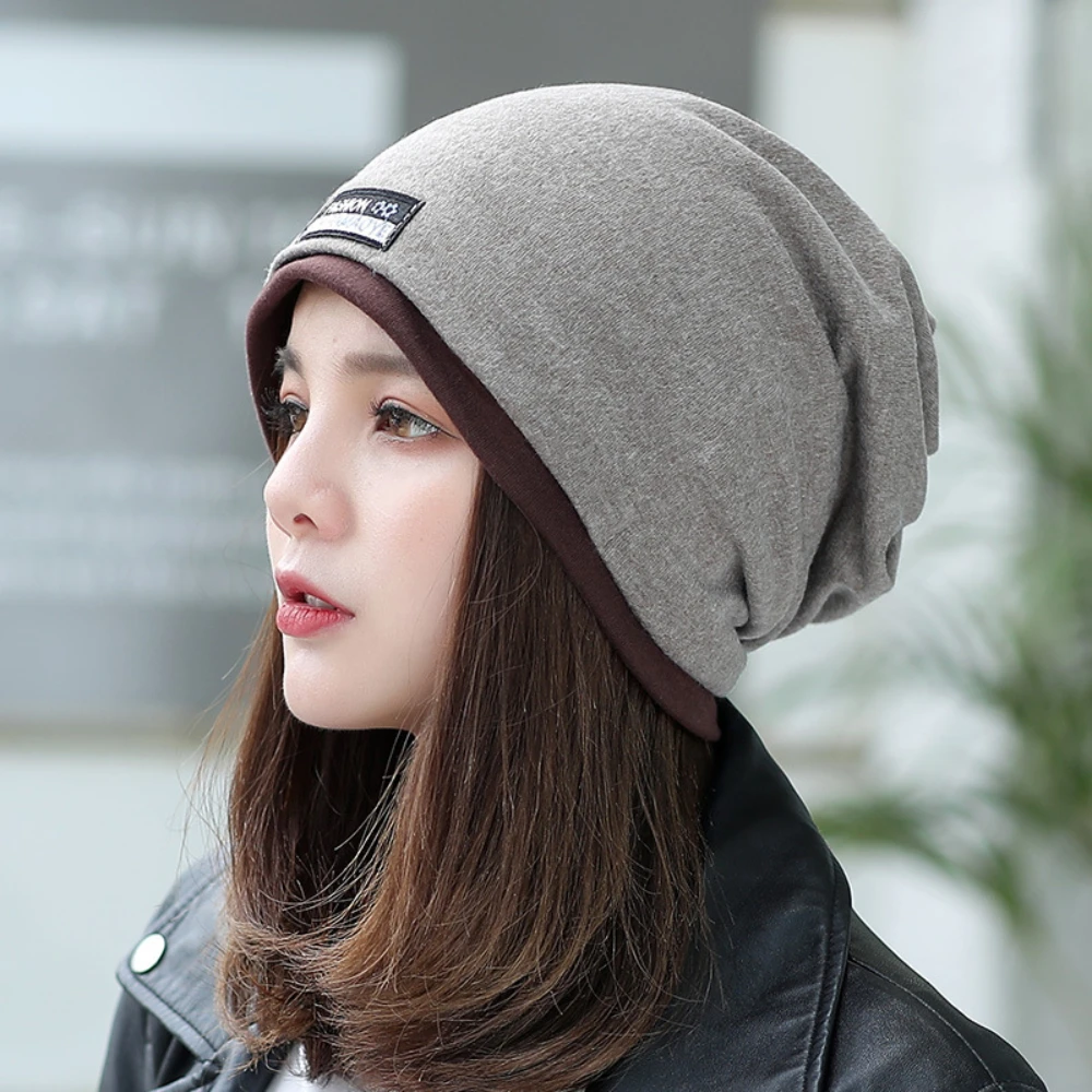 Women Winter Warm Slouchy Beanies Double Layer Cotton Baggy Cap Solid Color Outdoor Windproof Warm Pullover Hats