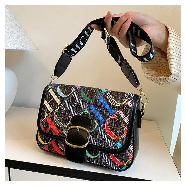 

New Autumn Summer Trendy Color Block Bag - Letter Print Small Square Bag, Wide Webbing Shoulder Crossbody for Women