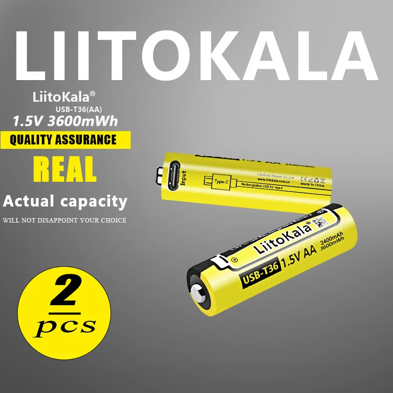 2pcs LiitoKala USB-T36 AA Rechargeable Batteries 1.5V 2400mAh Li-ion Battery for Remote Control Mouse Electric Toy Battery