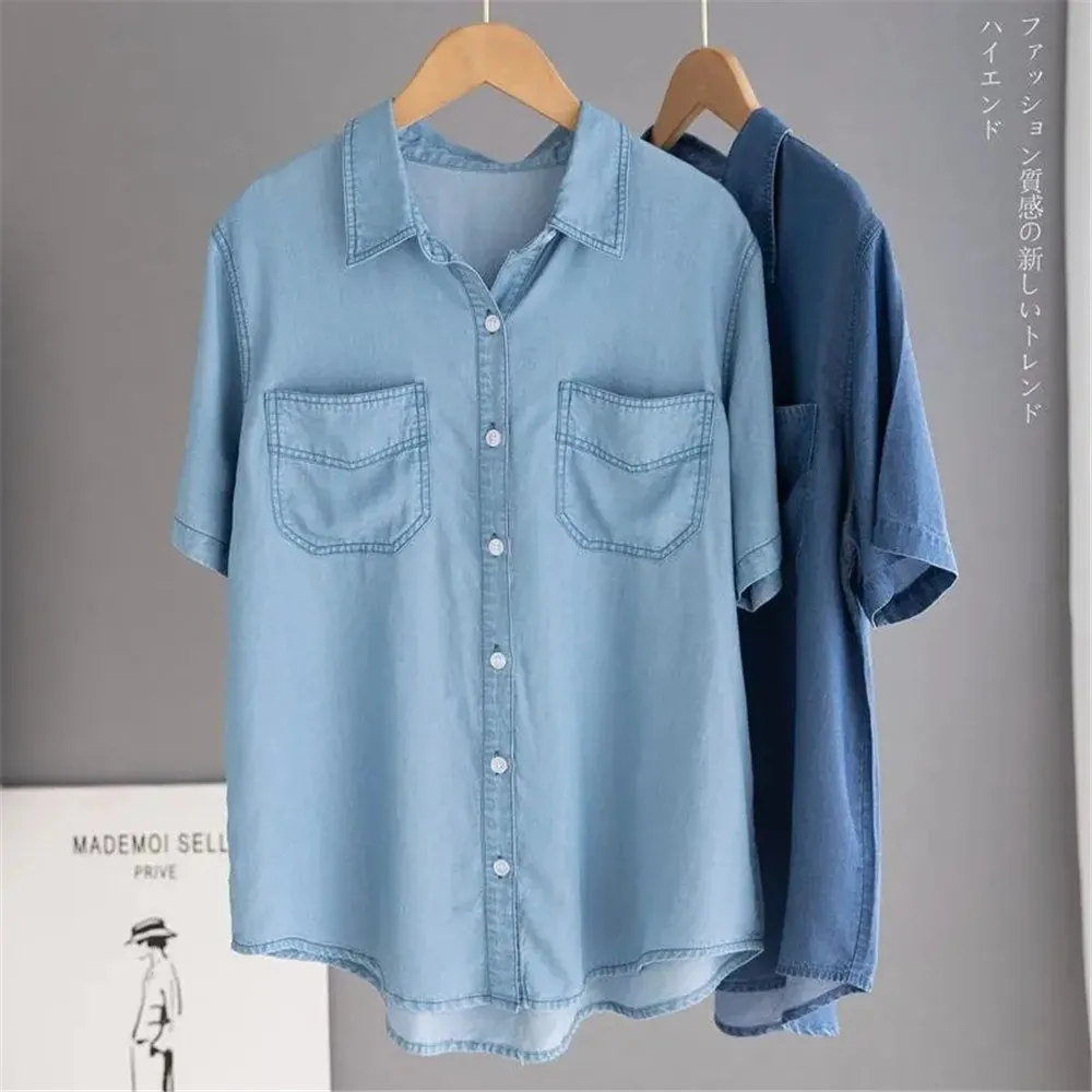 

Y2k Solid Demin Blouse 2024 Elegant Short Sleeve Blue Women Casual Solid Loose Tops Tees Summer Button Up Lapel Oversized Blusas