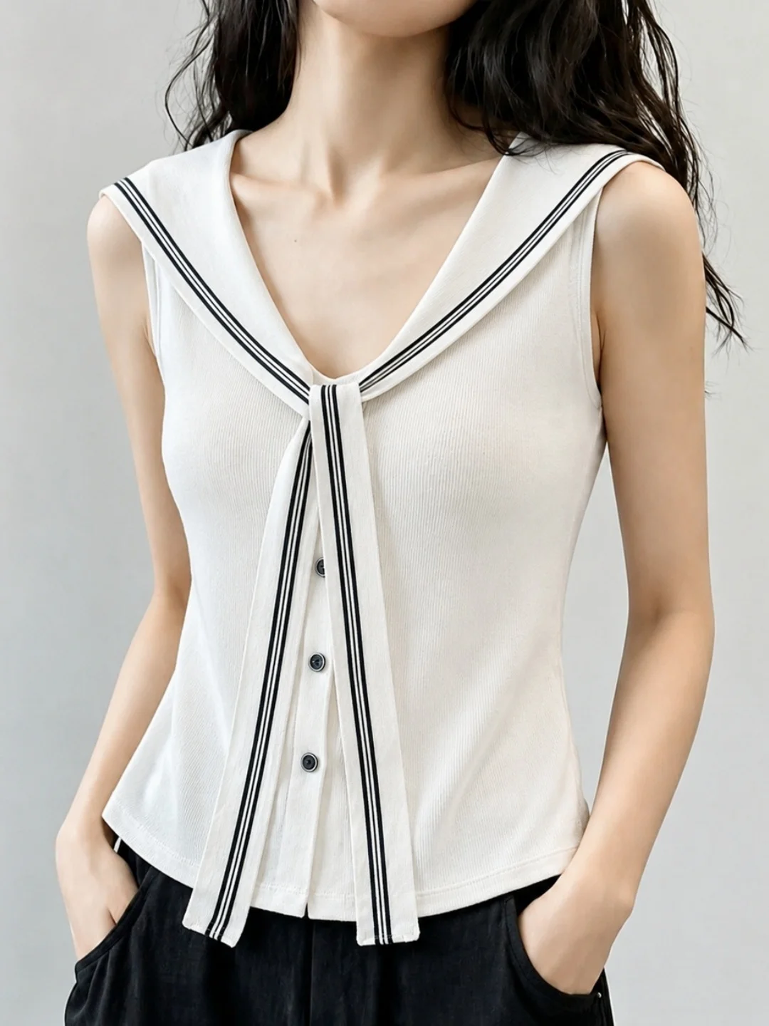 

Slim Fit Ice Silk Knitted Shirt Korean Style Navy Collar Tie Design Summer Fashionable Versatile Elegant Top Women's Clothing