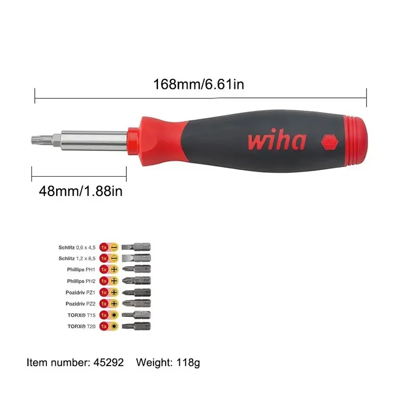 Магнитная отвертка Wiha 45292 с магазином бит, смешанная с 8 битами, компактная легкая и удобная обработка 1/4 дюйма.