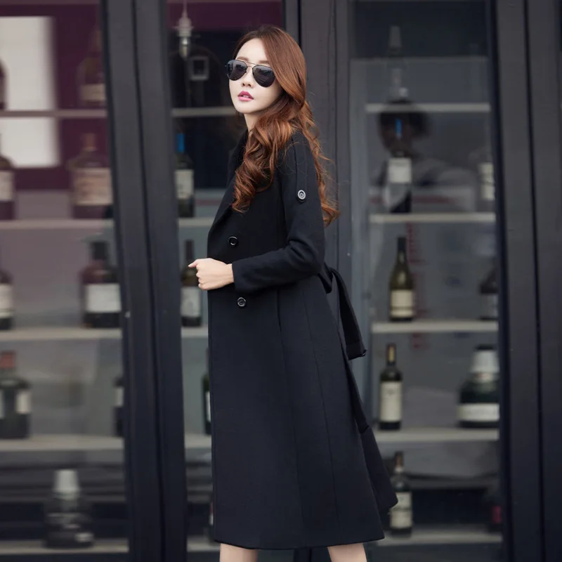 Women Elegant Lapel Woolen Coat Female Fashion Pure Color Winter Thicken Warm Wool Outwear Long Below The Knee Casual Outcoat