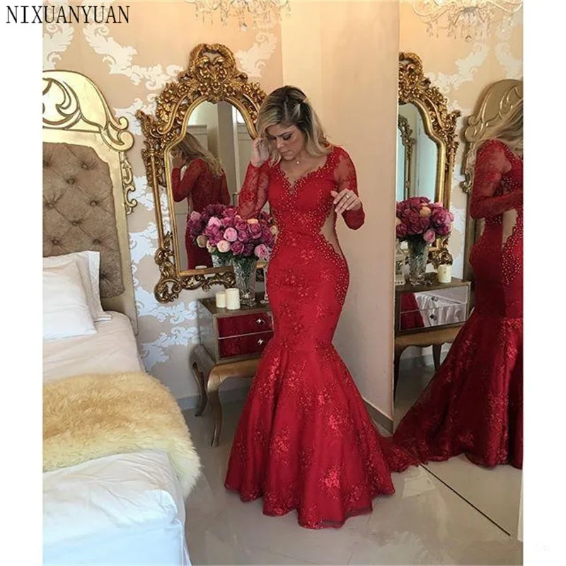 

Red 2023 Prom Dresses Mermaid V-neck Long Sleeves Pearls Lace Sexy Party Maxys Long Prom Gown Evening Dresses Robe De Soiree