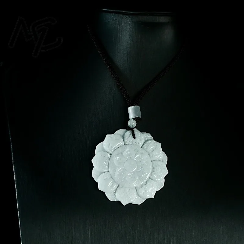 Real Natural Myanmar Emerald Jade Double-sided Lotus Pendant Necklace Carved Jadeite Jewelry Fashion Amulet Gifts Certificate view 2