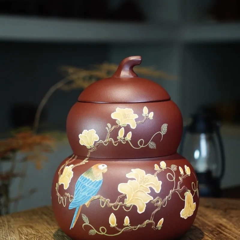 Double-layer gourd large tea can, mud painted waking tea can, ceramic sealed can, moisture-proof household tea can