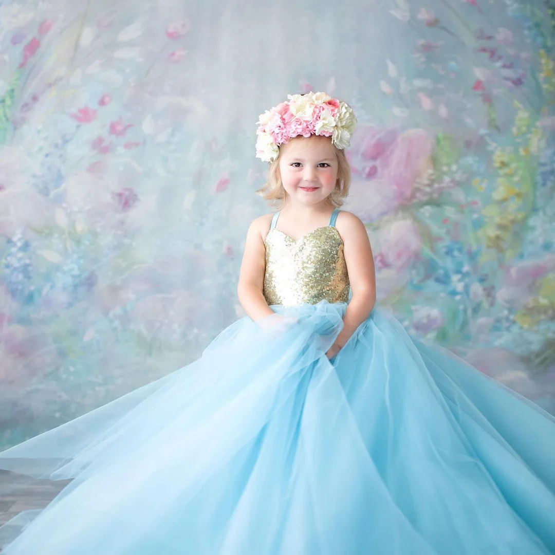 Shiny Sequines Spaghetti Straps Kids Birthday Photography Dresses Sky Blue Long Tulle Ball Gowns For Girls Princess Party Dress