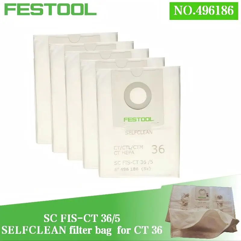 Festool CT 36 496186 Self-Cleaning Filter Bag, 5-Pack Reusable High-Suction Fleece Dust Bags for Workshop