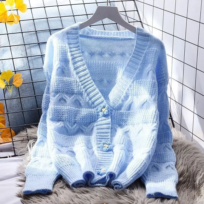 Sweater Cardigans Flower Button Woman Top Autumn Winter Knitted Korean Loose Long Sleeve Elegance Sweet Casual Young Fairycore