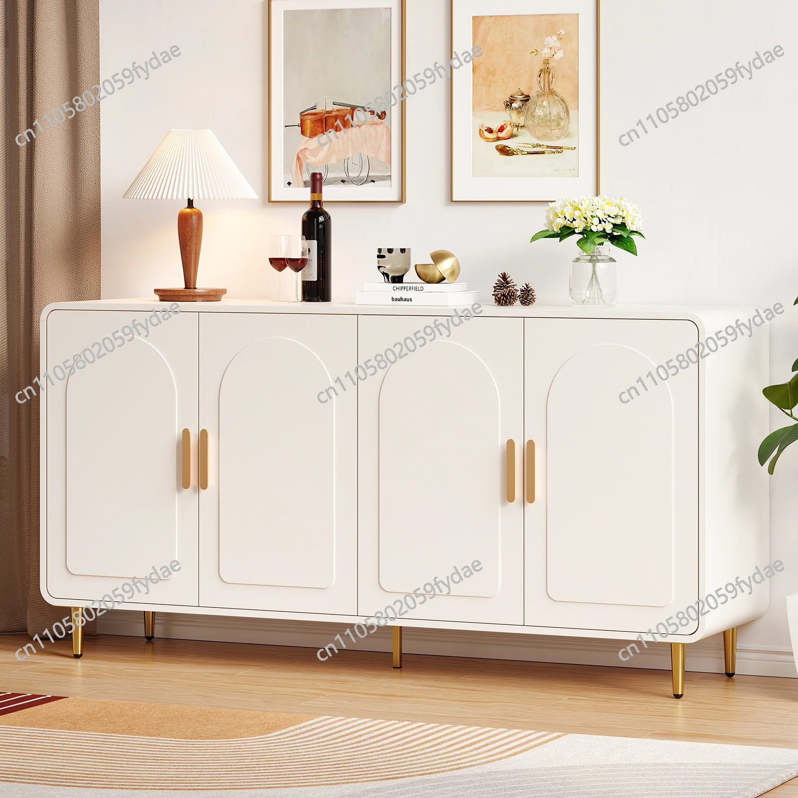 Buffet Cabinet with Storage, Curved Design Cabinet with 4 Doors & Adjustable Shelves Modern Console Table