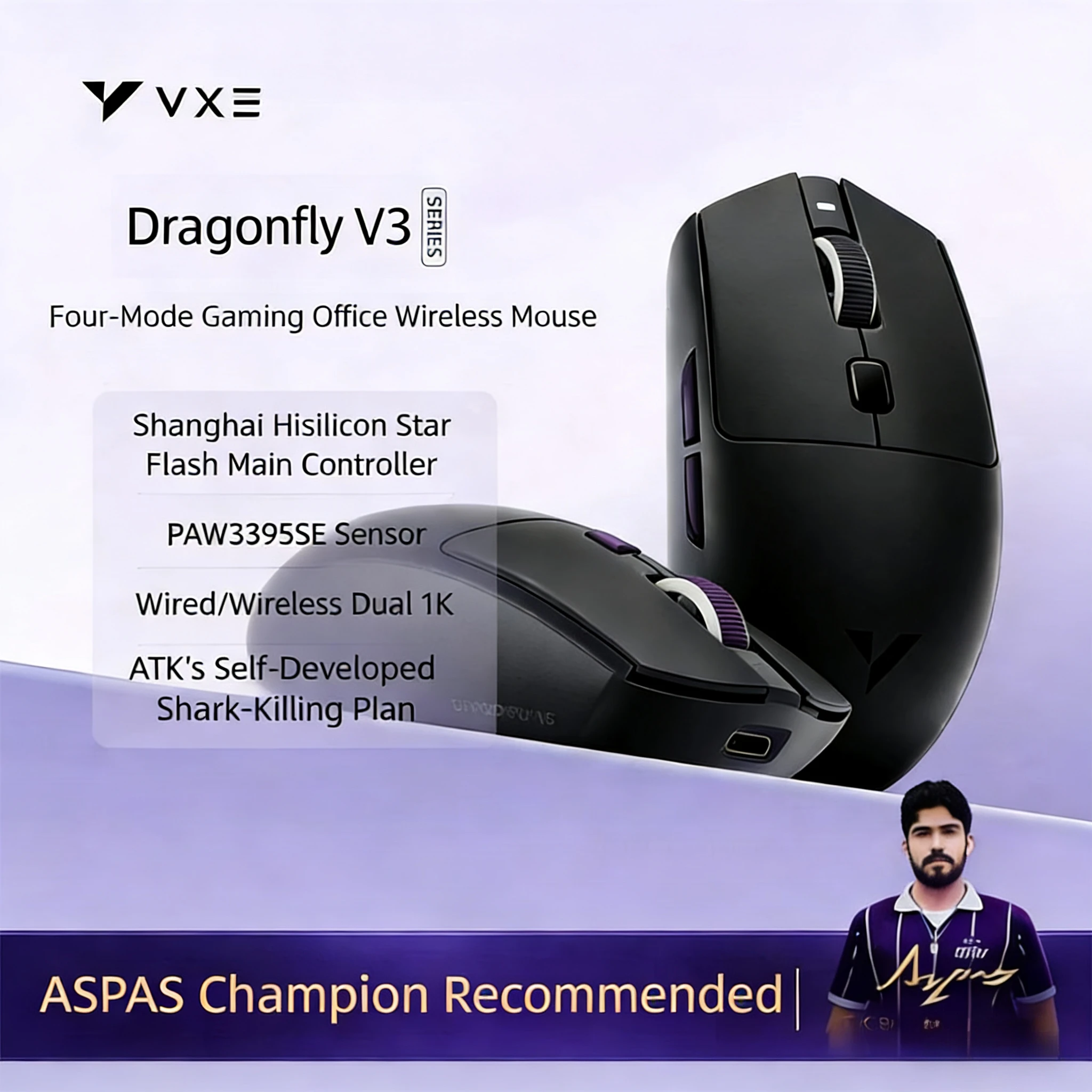 VGN VXE Dragonfly V3 Pro Wireless Gaming Mouse 4-Mode 1KHz PAW3395SE Sensor, Ergonomic Office Gaming Mouse for PC Gamer