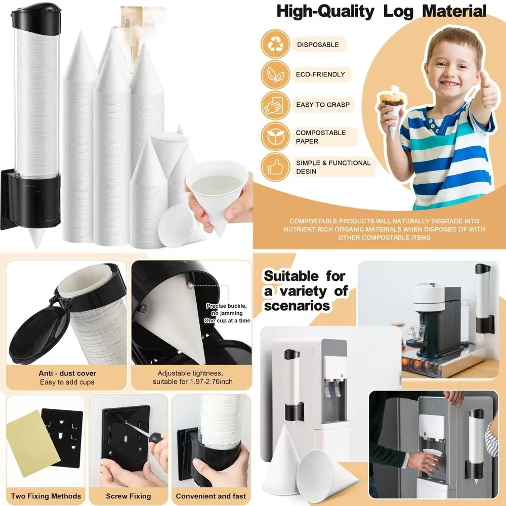 

4 oz Thickened Disposable Snow Cone Cups with Wall Mount Dispenser for Restaurants, Home, and Office Use (White)