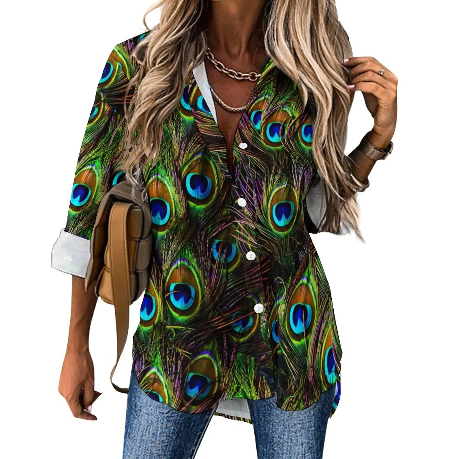 Peacock Feathers Loose Blouse Colorful Print Street Style Oversized Blouses Women Long-Sleeve Aesthetic Shirt Summer Pattern Top