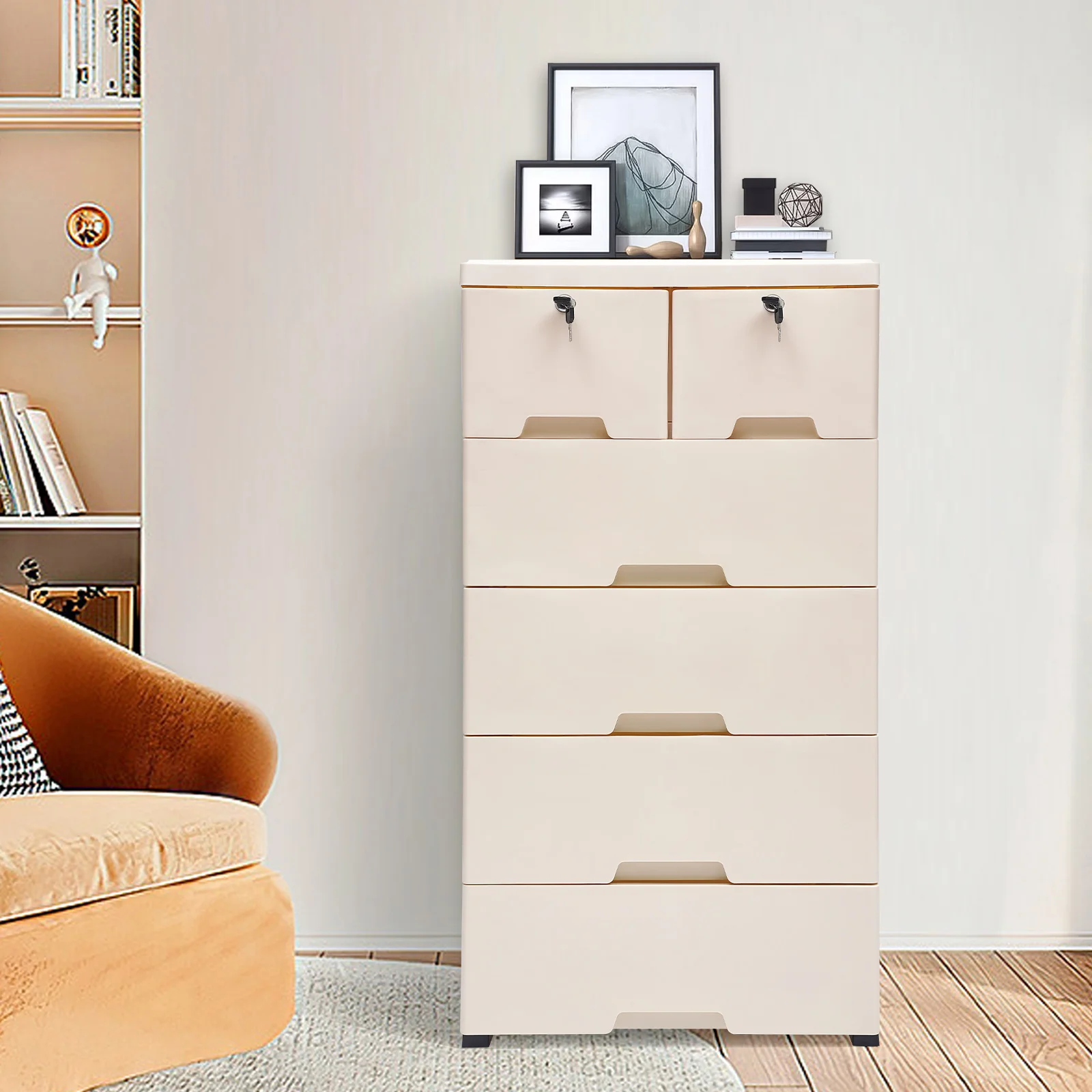 

5-Tier Plastic Drawers Dresser with Lock, Storage Dresser with 6 Drawers, Freestanding Movable Tower Storage Drawers Organizer,Tall Dressers Shelf for Living Rooms (Beige Color)