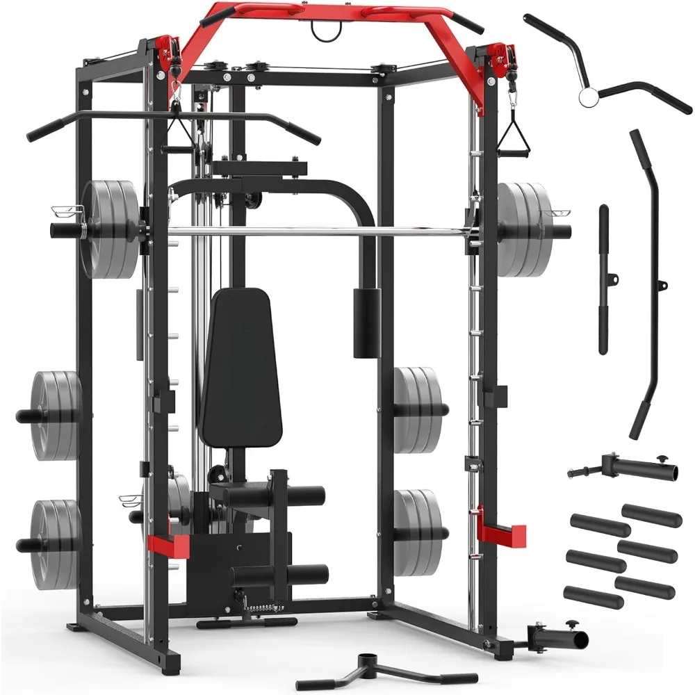 Smith Machine, Power Rack with Pulldown System, Power Cage with Cable System, Squat Rack for Home Gym with Chest Press Machine