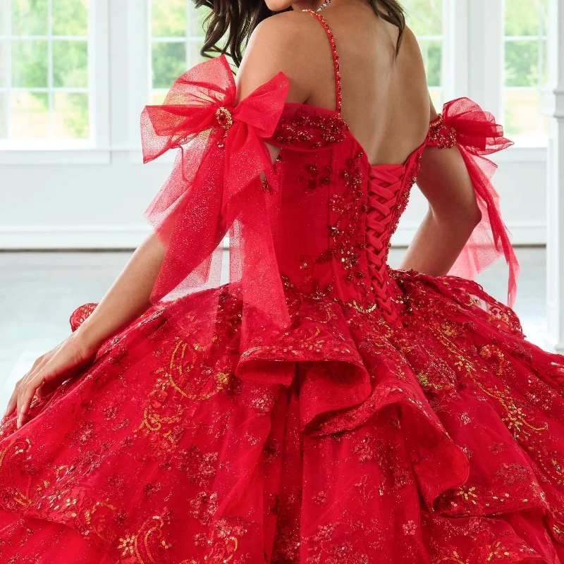 Rosso lucido Principessa Sweet 16 Abiti Quinceanera Al largo della spalla Applique Perline di pizzo Tull di cristallo Festa di compleanno Vestides De