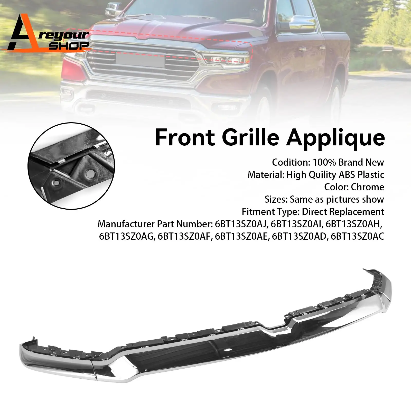 Grill Grille Applique Upper Trim 6BT13SZ0AJ Fit for Dodge Ram 1500 2019-2021