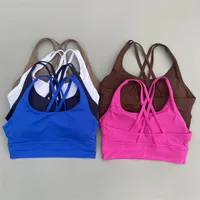 Soutien-gorge de Fitness pour femmes, couleur unie, dos croisé, collants, gilet de Yoga, haute résistance, antichoc, haut de sport, Push Up avec coussinet de poitrine 2