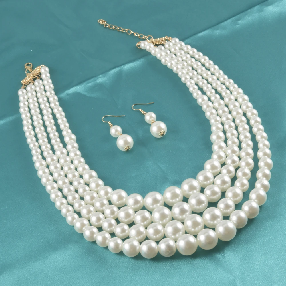 Vintage Baroque Style Round Imitation Pearl Necklace & Dangle Earrings Jewelry Set Multi Strands Necklace Party Favors For Women