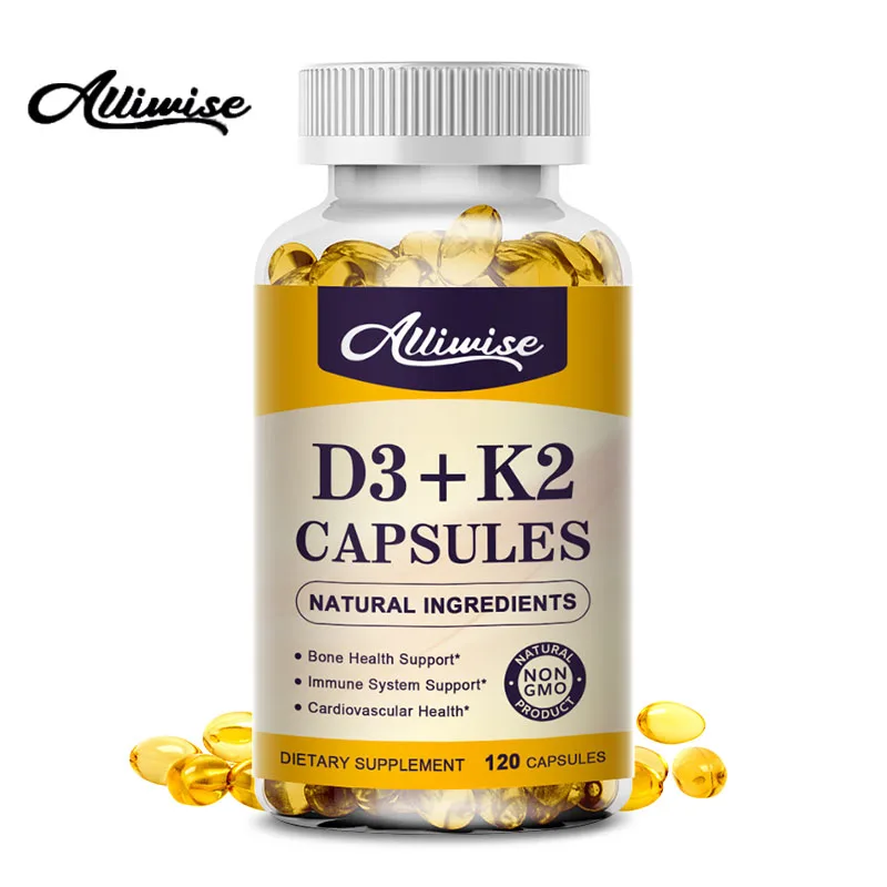 Alliwise Vitamin D3+K2 Capsule Regulate Calcium Metabolism Fractures Bone Joint Health Heart& Immunity System Support