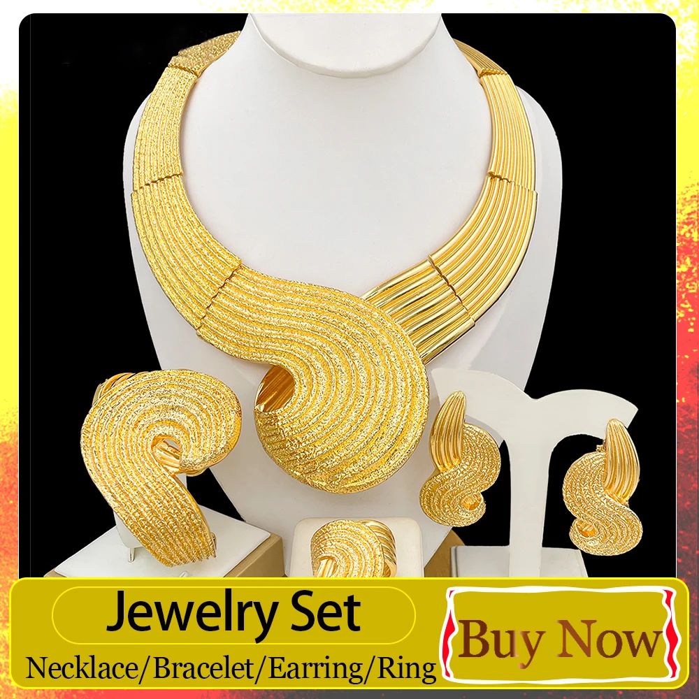 GZJPEI Exaggeration Big Swirl Textured Jewelry Set Dubai African 4Pcs 18K Gold Plated Bridal Wedding Jewelry Luxury Party Gift