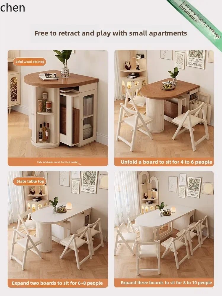 y8-  Cream Wind Solid Wood Retractable Dining Table Rock Slate Oval Folding Dining Table Chairs Semi-Round Table