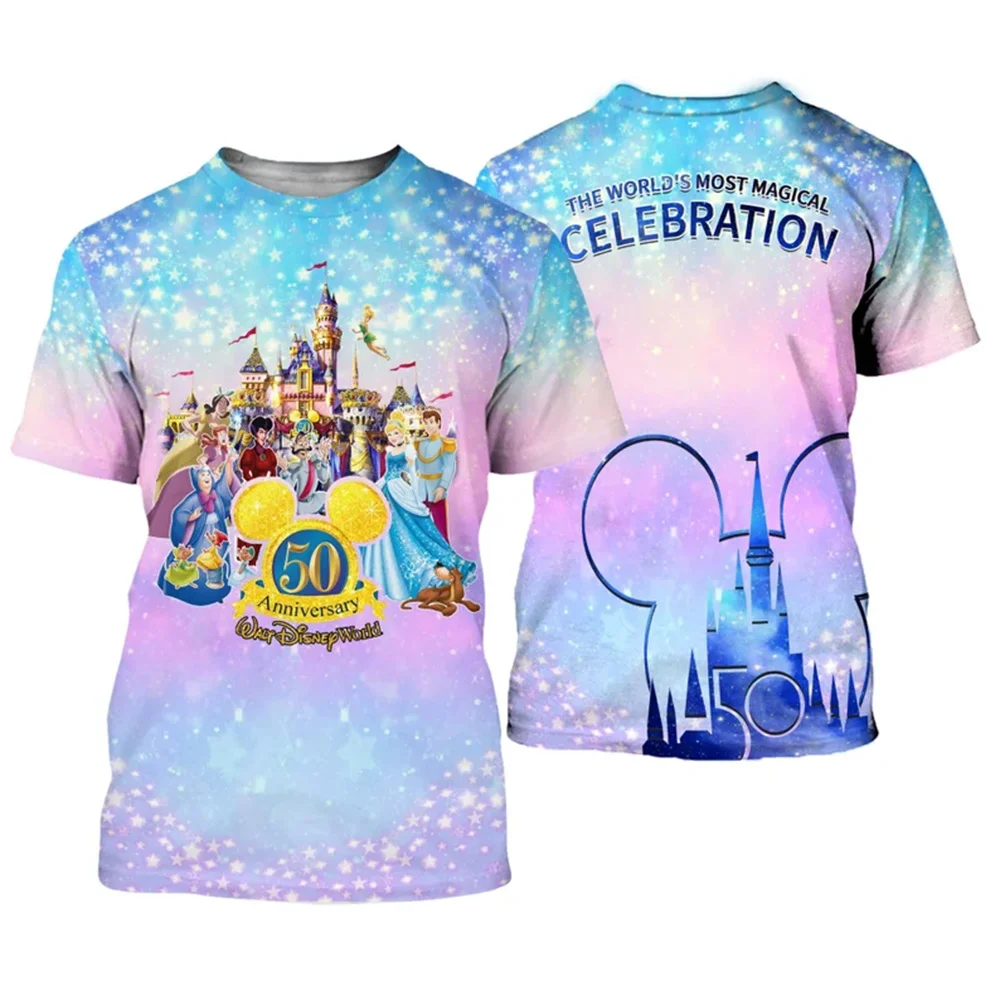 Cinderella Purple Blue Glitter Castle Mickey Head Disney 50th Anniversary Unisex Casual T-shirts Outfits Clothing Men Women Kids