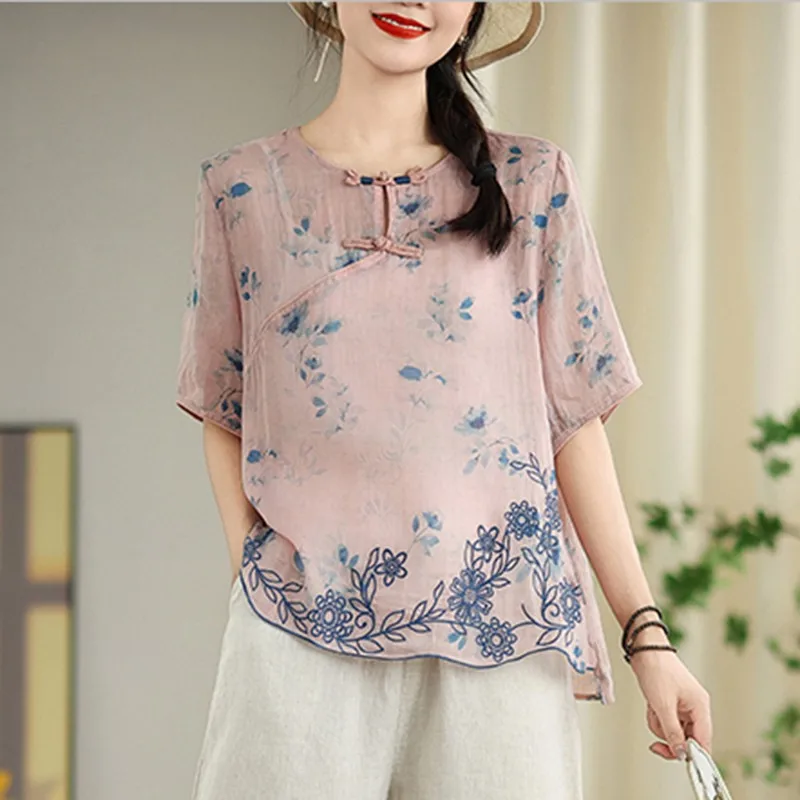 Women Casual Blouses Shirts New Arrival 2024 Summer Chinese Style Vintage Embroidery Loose Feamle Short Sleeve Tops B3882