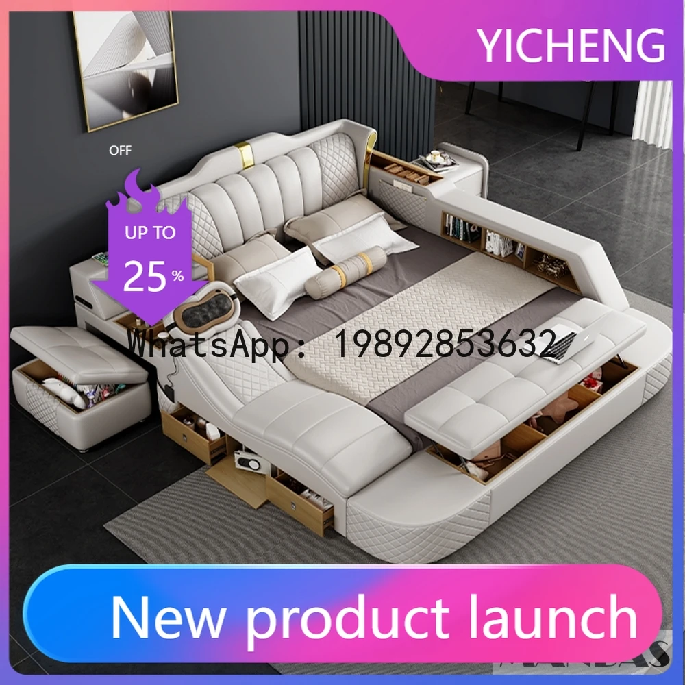 LYY Tech Smart Bed 2 People with King Size Frame Queen, Genuine Leather, Massage, USB, Bluetooth Speaker, and Safe By MINGDIBAO